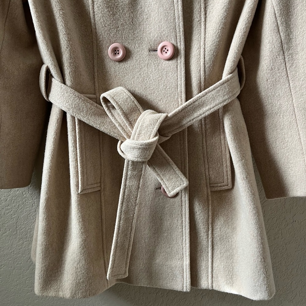 Women’s Beige Wool Blend Double Breasted Peacoat Belted Trench Coat Medium - Picture 5 of 15